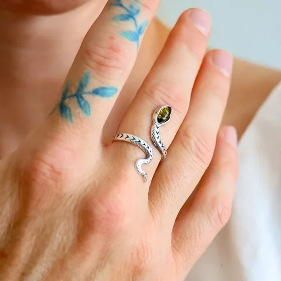 Amber Snake Ring- 925 Sterling Silver Adjustable Ring-Goth Chic - Picture 4 of 4